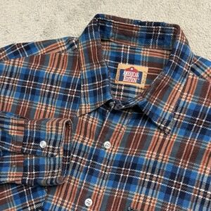 American Edition Mens Blue Brown Plaid Flannel Button Up Shirt Long Sleeve Large
